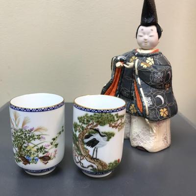 Japanese Hina doll and tea cups hand painted by Kinuko Yamabe