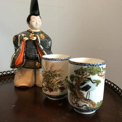 Japanese Hina doll and tea cups hand painted by Kinuko Yamabe