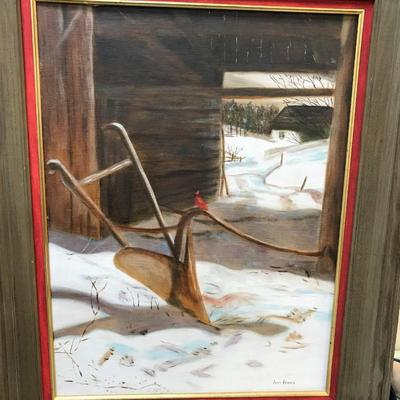 Painting By Joan Brown snowy Barn and cardinal