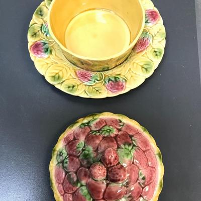 Vintage Sarreguemines French Majolica Pottery Strawberry Jam Pot