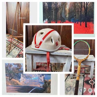 Lot of decorative items and vintage sports equipment