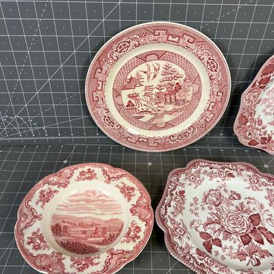 7 Red Dishes, Fine China Chinoiserie Red Porcelain 