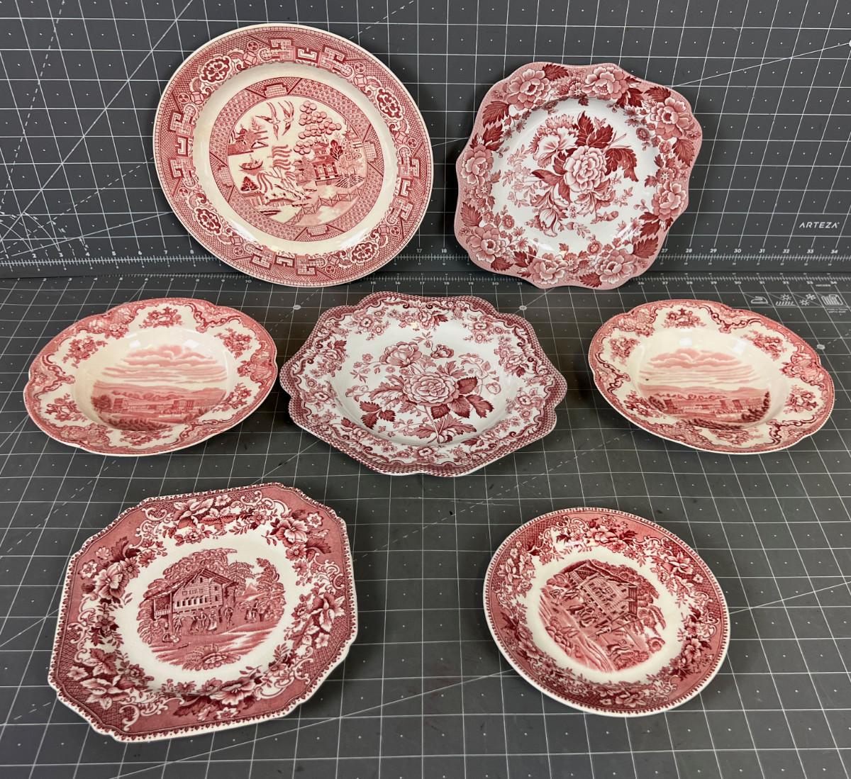 7 Red Dishes, Fine China Chinoiserie Red Porcelain