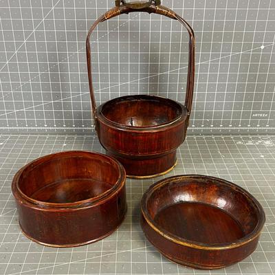 Bento Box, Lunch Bucket Wood Carved Figures, Vintage