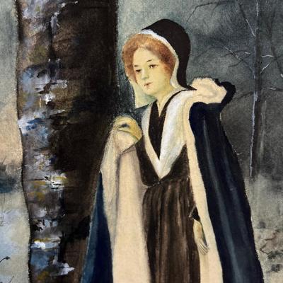 RO DETWEILER, Watercolor, Dated 1910 Woman by the Tree in the Snow