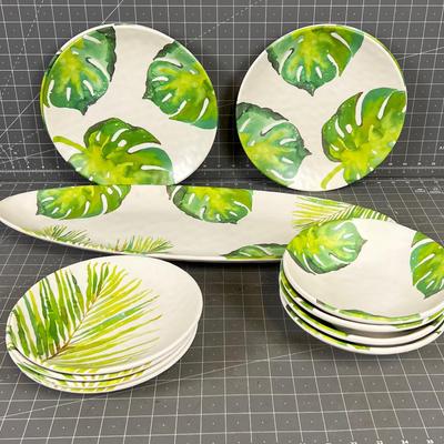 MERRITT Melamine Dishes with Platter, Like New Condition Palm Leaf Design