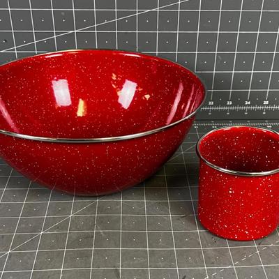 Red Granite Ware Enamel Bowl & Cup