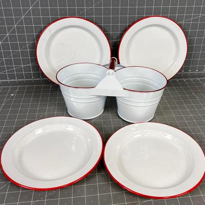 Enamel Ware Plates and twin Buckets White with Red Edge