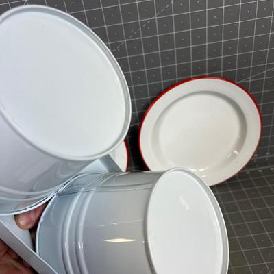 Enamel Ware Plates and twin Buckets White with Red Edge