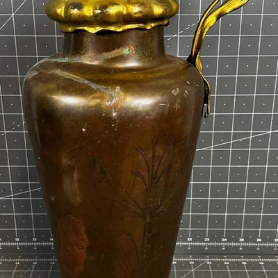 Antique Art Nouveau Copper and Bronze Vase with Etched Dragon Fly