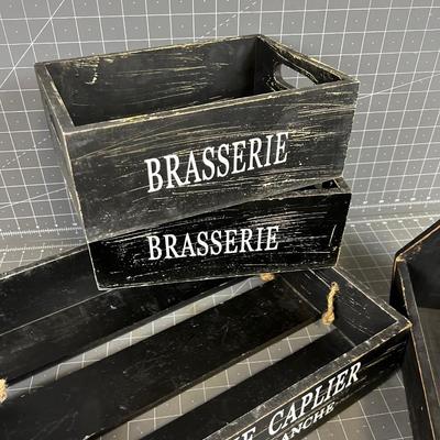 Black Wood Crates; Shoe Shine etc. New made to look old. 
