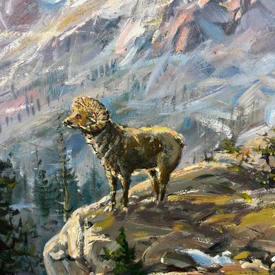Matt Madsen Utah Artist. Oil on Board of Big Horn Sheep & Mountains. 