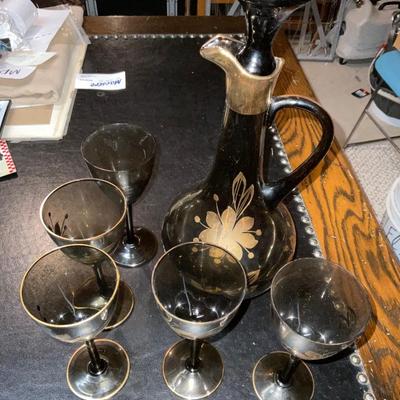 MCM Smoke Glass Decanter with glasses