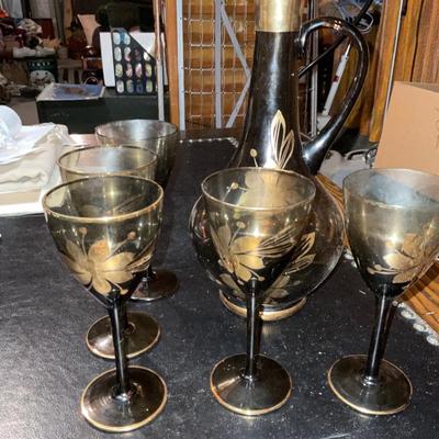 MCM Smoke Glass Decanter with glasses