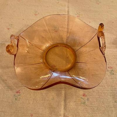 Vintage amber glass bowl - double figural handle