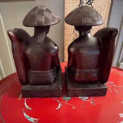 Asian artisan lot - carved bookends - scroll - serving tray & platter
