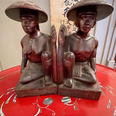 Asian artisan lot - carved bookends - scroll - serving tray & platter