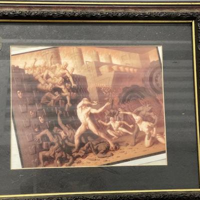 Framed and matted man fighting creatures.  16” x 14”