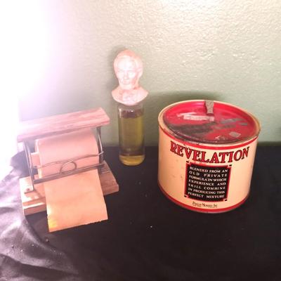 MENS VINTAGE REVELATION TOBBACO TIN-ABE LINCOLN COLOGNE-WOODEN DESKTOP PAPER HOLDER