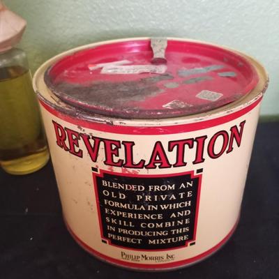 MENS VINTAGE REVELATION TOBBACO TIN-ABE LINCOLN COLOGNE-WOODEN DESKTOP PAPER HOLDER