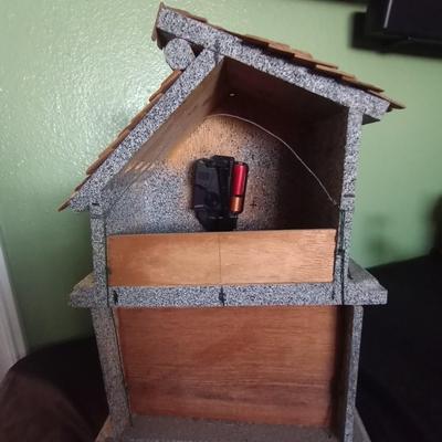 WOODEN HANDMADE MANTLE CLOCK AND CHAULK WARE OWL FIGURINE