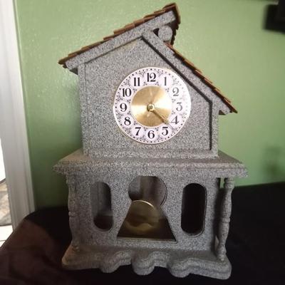 WOODEN HANDMADE MANTLE CLOCK AND CHAULK WARE OWL FIGURINE