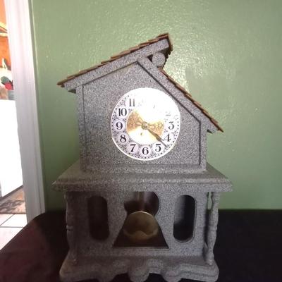 WOODEN HANDMADE MANTLE CLOCK AND CHAULK WARE OWL FIGURINE