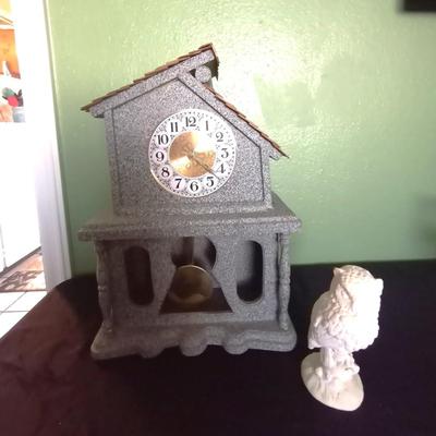 WOODEN HANDMADE MANTLE CLOCK AND CHAULK WARE OWL FIGURINE