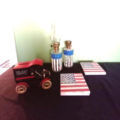 TEXACO COMPANY CAR BANK WITH KEY-FLAG OILLAMP WITH FOUR COASTERS