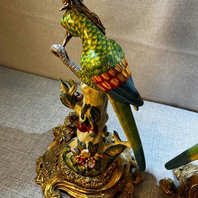 Parrot Candle Sticks Pair Antique Ormolu/Dresden Gilt 