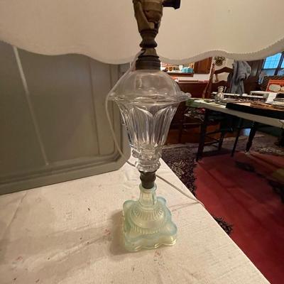 Antique pair opalescent base parlor lamps