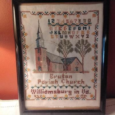 Framed Sampler Williamsburg in Va.  Brutan Parish Church