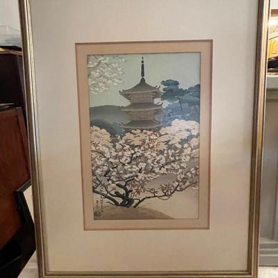 Pagoda and cherry blossom framed artwork
