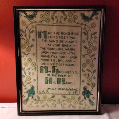 Framed Sampler On Raw Tan Linen With Beautiful Shades of Green