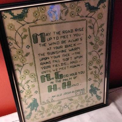 Framed Sampler On Raw Tan Linen With Beautiful Shades of Green