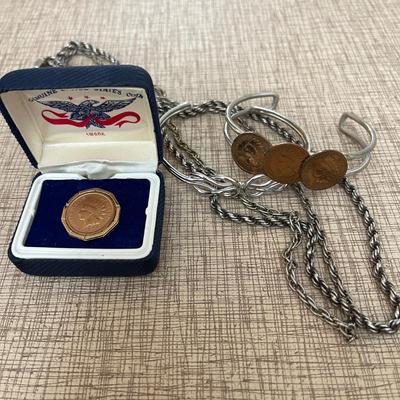 Lot 59 Assorted Jewelry Indian Head Penny Tie Tac & Bracelet Sterling Chains