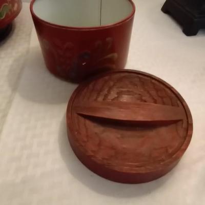 VINTAGE ASIAN STYLE CANISTER AND OLD PAINTED TIN