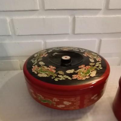 VINTAGE ASIAN STYLE CANISTER AND OLD PAINTED TIN