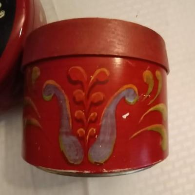 VINTAGE ASIAN STYLE CANISTER AND OLD PAINTED TIN