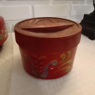 VINTAGE ASIAN STYLE CANISTER AND OLD PAINTED TIN