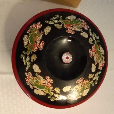 VINTAGE ASIAN STYLE CANISTER AND OLD PAINTED TIN
