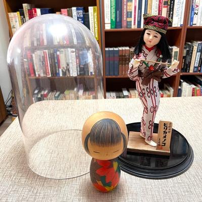 Lot 78 Kokeshi Doll + Female Japanese Conductor Under Plastic Dome 12"