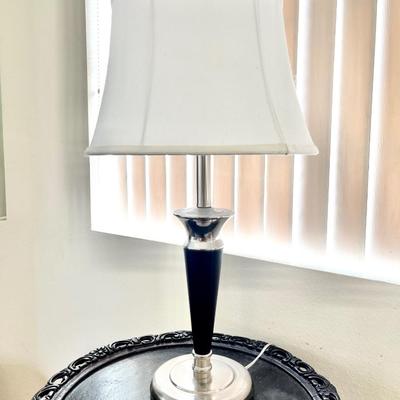 Lot 94 Pair Contemporary Table Lamps Black & Silver Linen Shade 25" tall