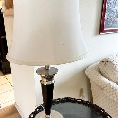 Lot 94 Pair Contemporary Table Lamps Black & Silver Linen Shade 25" tall