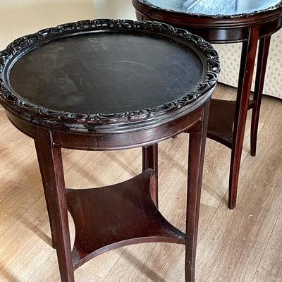 Lot 95 Pair Round Antique Side Tables 1 With Glass Insert 19" Across x 28" tall.
