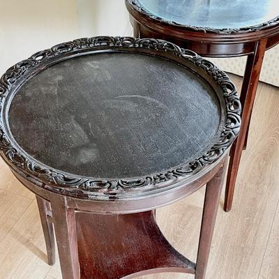 Lot 95 Pair Round Antique Side Tables 1 With Glass Insert 19" Across x 28" tall.