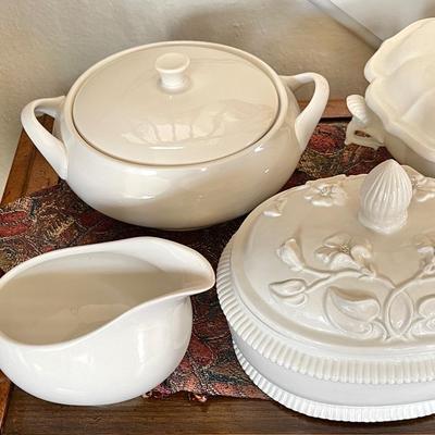 Lot 96 Group of White Pottery Dishes Tureens Gravy Candle Holders Teapot