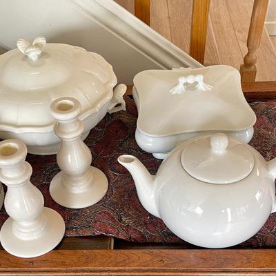Lot 96 Group of White Pottery Dishes Tureens Gravy Candle Holders Teapot