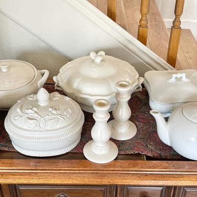 Lot 96 Group of White Pottery Dishes Tureens Gravy Candle Holders Teapot