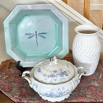 Lot 98 Glazed Terra Cotta Platter w/Dragon Fly + Tureen Marked Germany + Ceramic Vase